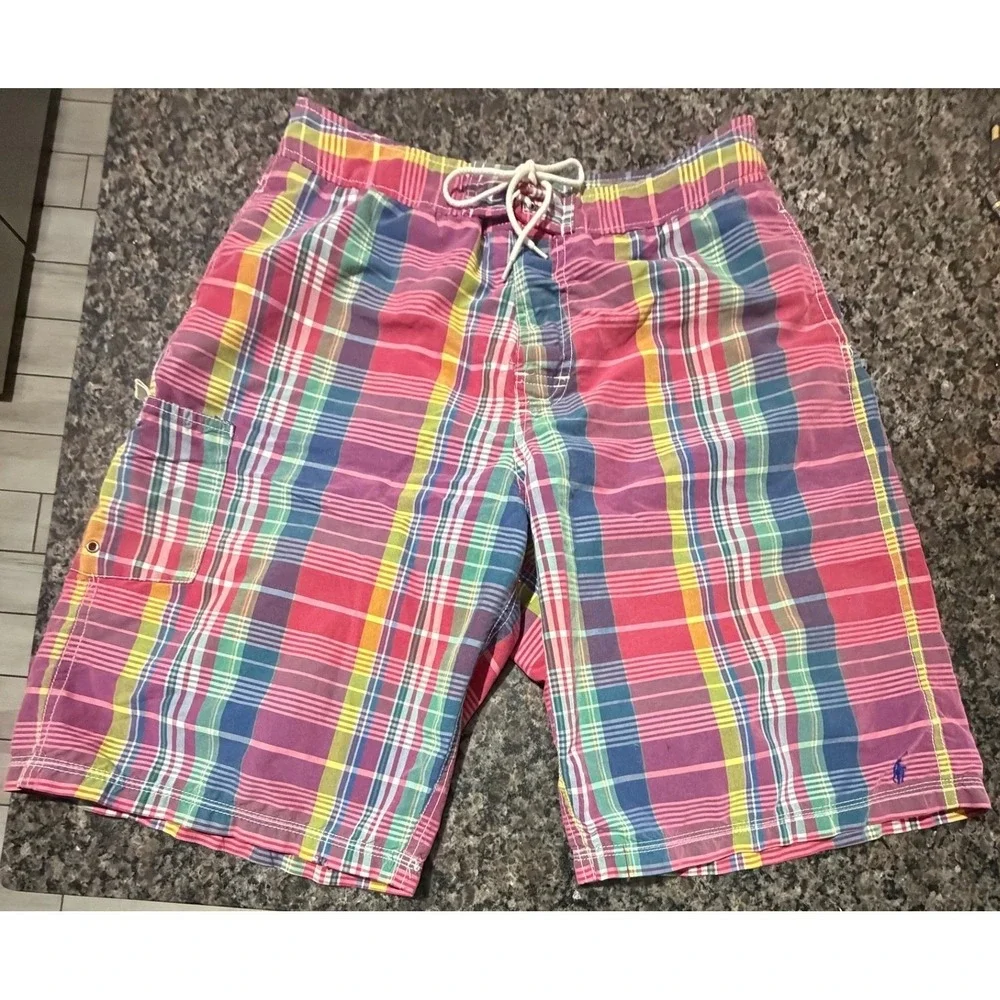 Polo Ralph Lauren Mens XL Plaid Swim Trunks Multi Color Cargo Pocket Mesh‎ Lined